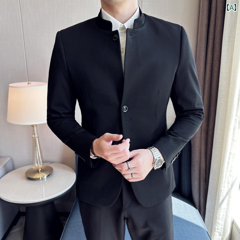 中国 メンズ スタンドカラー スーツ ジャケット ハイエンド スリム チュニック スーツ ビジネス カジュアル シングル スーツ