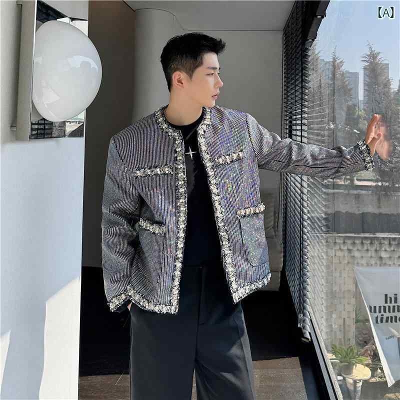 メンズ用 ハイエンド ストリート スパンコール ジャケット パール ウェビング 装飾 韓国 キャットウォーク カーディガンジャケット