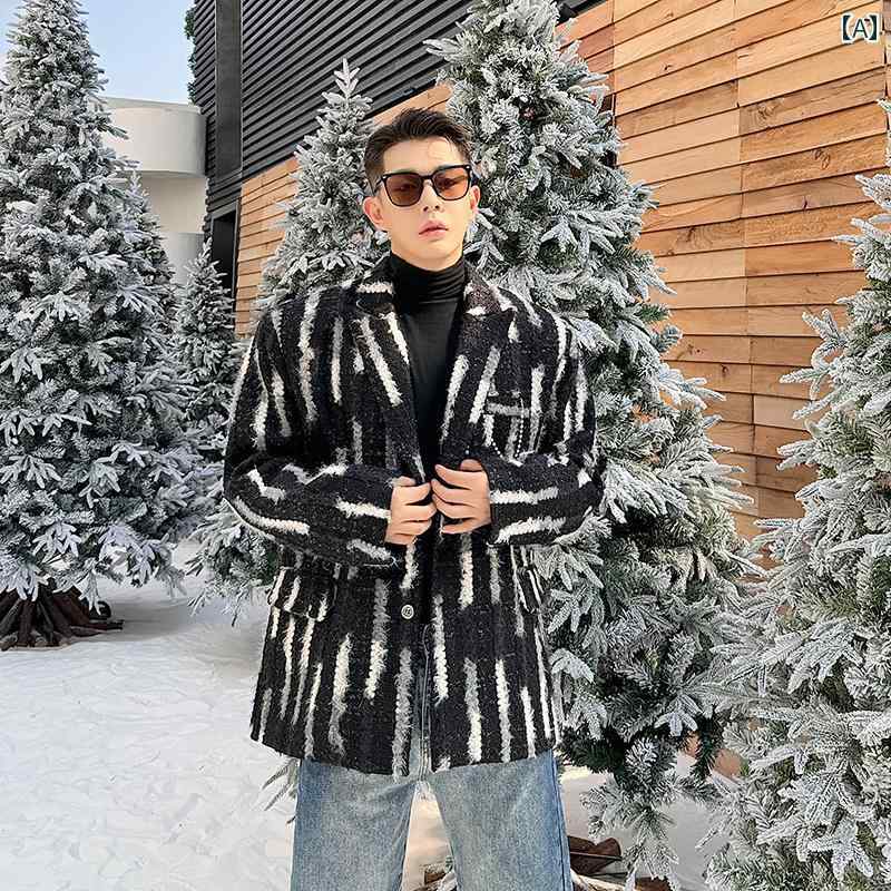 秋冬 レトロ 黒白 カラー ブロック ツイード スーツ メンズ 韓国 ハイエンド スーツ ジャケット