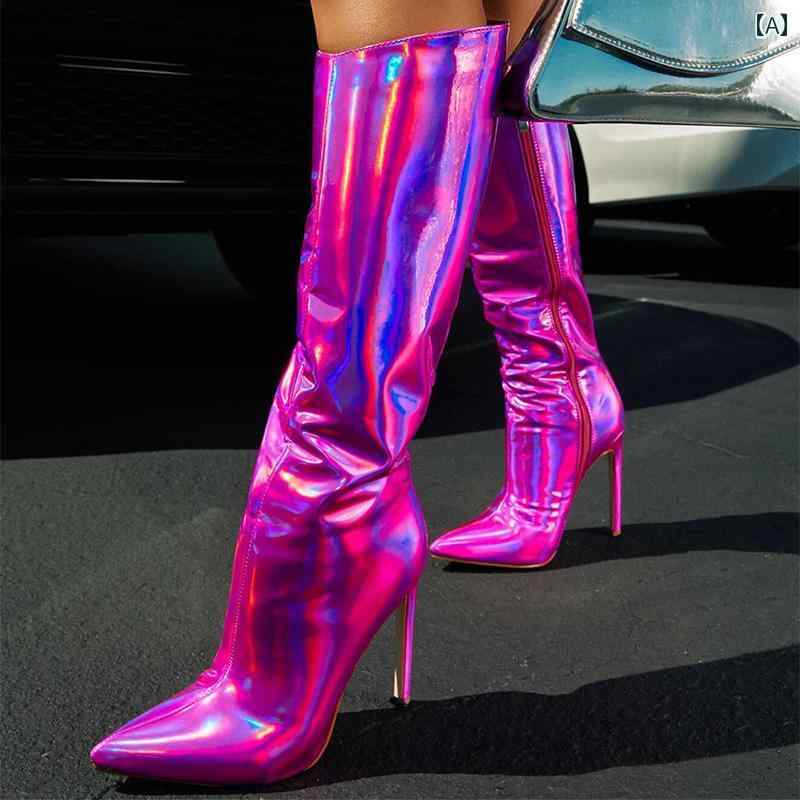 アメリカ 明るい スティレット ヒール 女性 大きいサイズ ハイ サイド ジッパー パフォーマンス ファッション ブーツ 明るい ブーツ