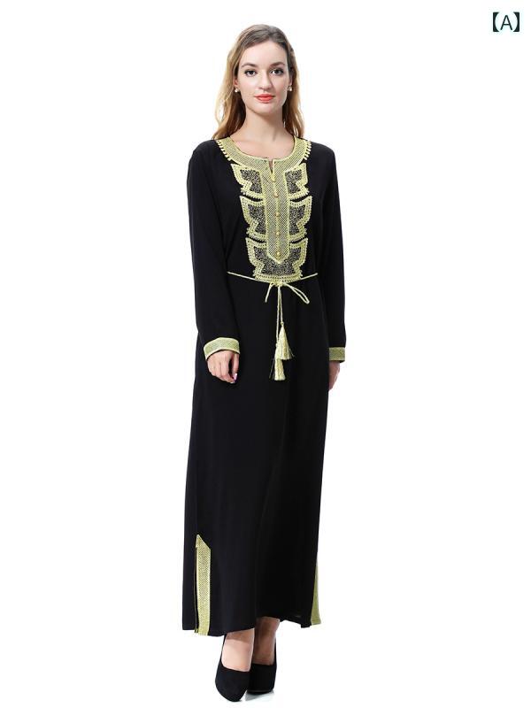 エスニック ファッション 民族衣装 ドバイ ハイエンド 黒 レトロ ビーズ ロング コート ベルト ホイ ロング スカート ドレス レディース