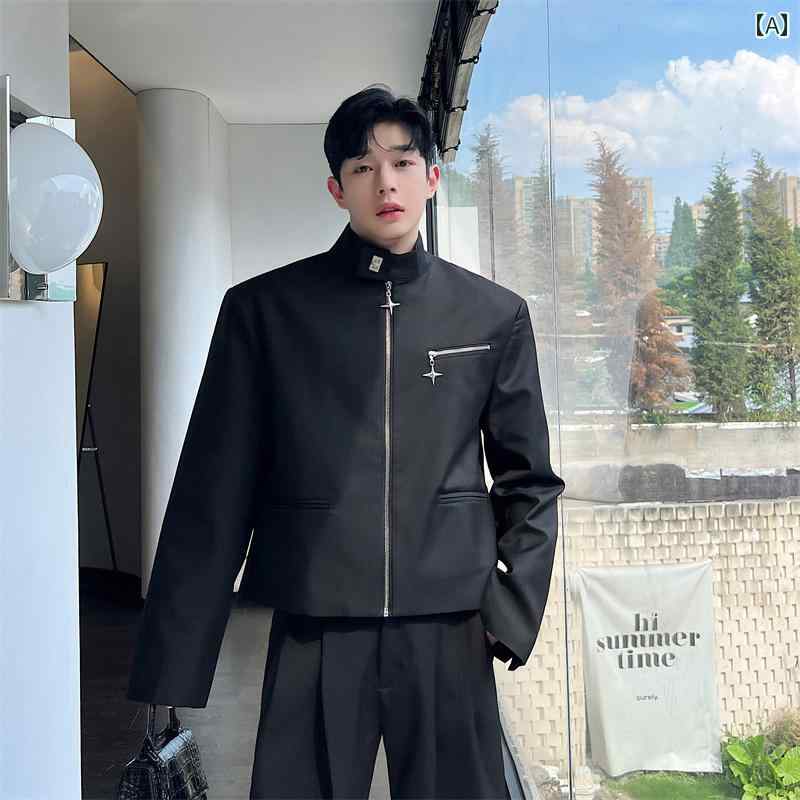 春秋 韓国 男性用 ショート ジャケット ハイエンド 中華風 メタルジッパー 立体 ショルダーパッド スーツ