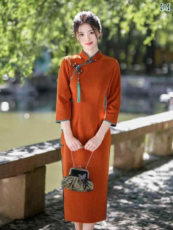 チャイナドレス 美しい 撮影 衣装 秋冬 ベルベット 七分袖 若々しい オレンジ デイリー チャイナ ドレス スリム 女性 ドレス