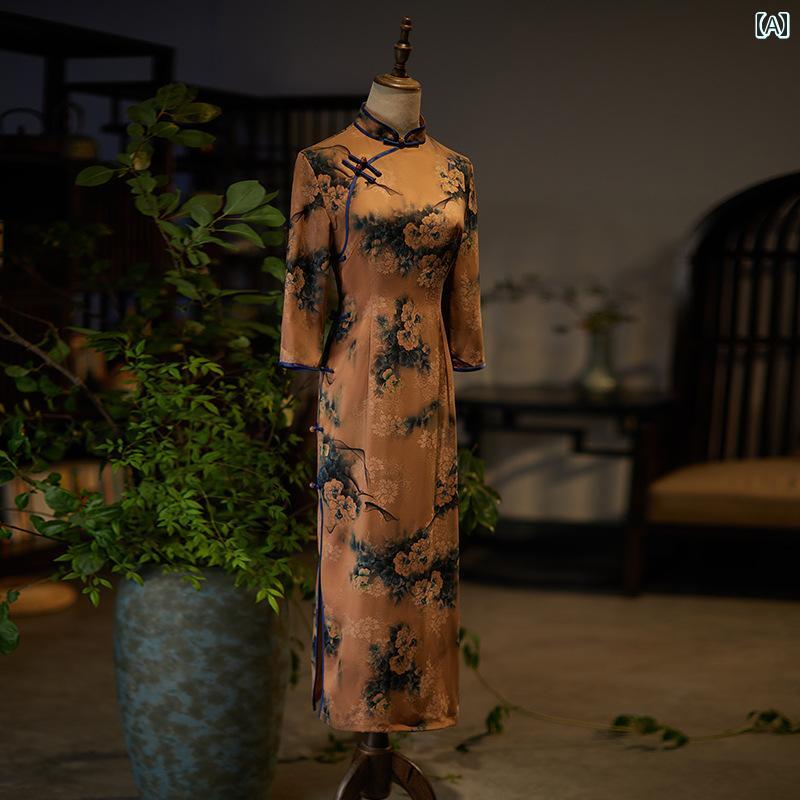 チャイナドレス 美しい 撮影 衣装 秋冬 七分袖 ロング サイド ボタン ハイエンド スリム オールドチャイナ スカート