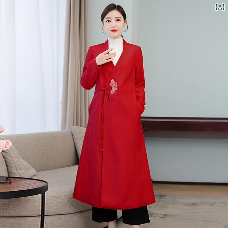 中華風 婦人服 中国 要素 中華風 コート スリム ミドル丈 赤い ウール 母 ウール コート 冬