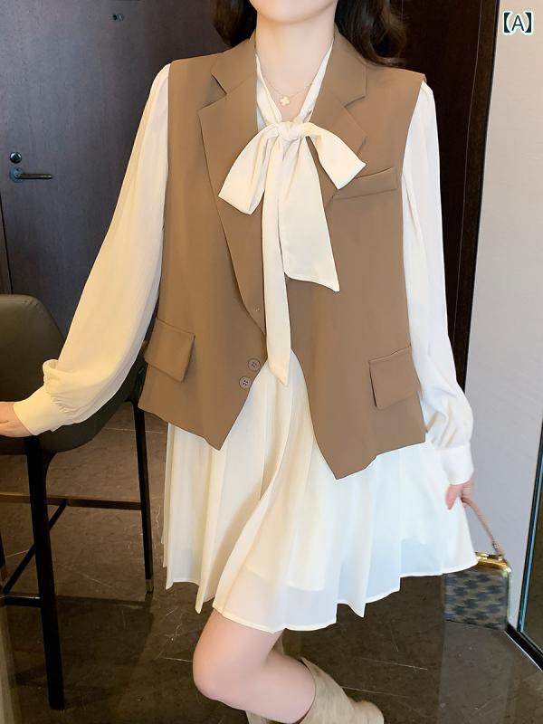 カジュアル スーツ レディース 秋服 蝶 ネクタイ 長袖 ドレス スーツ ベスト 2 点 セット