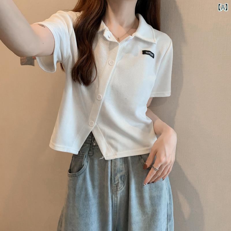 レディース トップス カジュアル 半袖 T シャツ 夏 韓国 小さい ポロシャツ 不規則 シック ショート