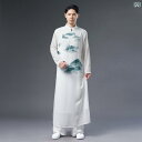 アンティーク メンズ 漢服 メンズ ホワイト シフォン レトロ 衣装 デイリー カジュアル ロング シャツ 男性用 民族風 パフォーマンス 衣装 中国 瞑想 茶 衣装