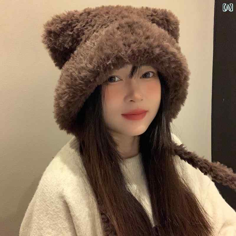 帽子 かわいい クマ ぬいぐるみ レイ フェン レディース 冬 韓国 暖かい 防寒 耳保護 プルオーバー 大きい 頭 サイズ