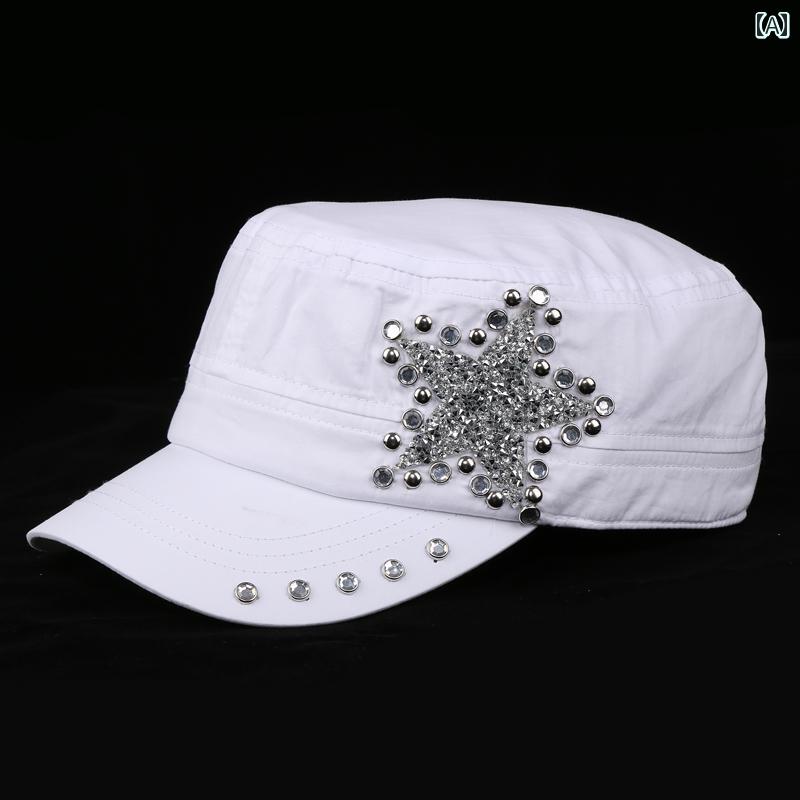 ワークキャップ 夏 女性 帽子 韓国 綿 ラインストーン 五つ星 黒白 無地 シンプル 個性 フラット ハット