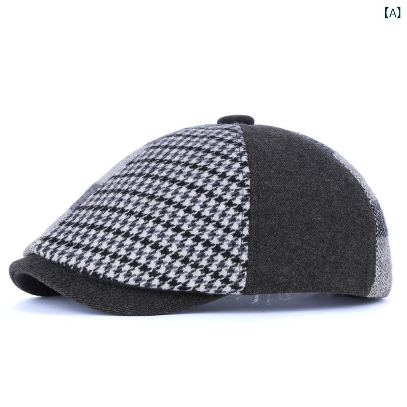 キャスケット 帽子 冬 スプライシング チェック柄 個性的 カップル 屋外 暖かい 目見えい 調整 八角形 帽子 迷彩