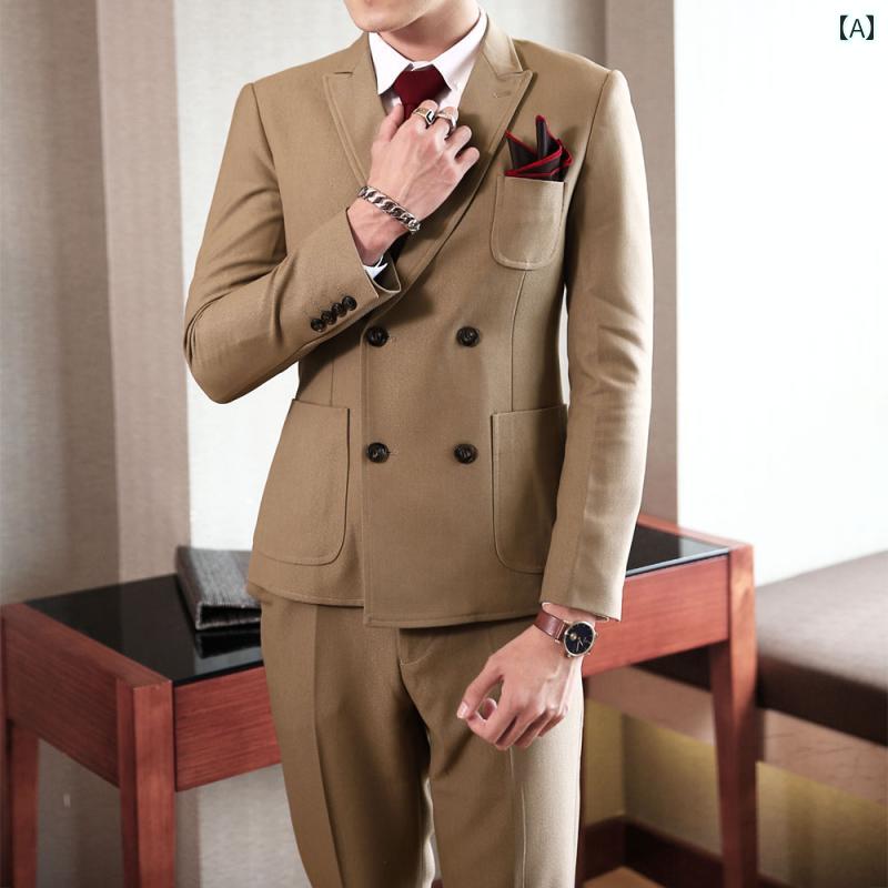 メンズ 英国 ダブルブレスト スーツ スリムフィット 韓国 カジュアル スモール スーツ ビジネス フォー..