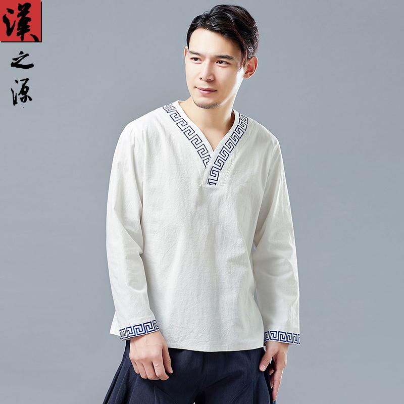 中華風 ファッション 文学 レトロ メンズ 刺繍 漢服 クロス カラー T シャツ カジュアル プルオーバーシャツ 綿 リネン メンズ トップス 1