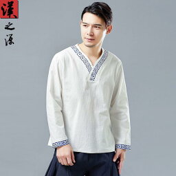 中華風 ファッション 文学 レトロ メンズ 刺繍 漢服 クロス カラー T シャツ カジュアル プルオーバーシャツ 綿 リネン メンズ トップス