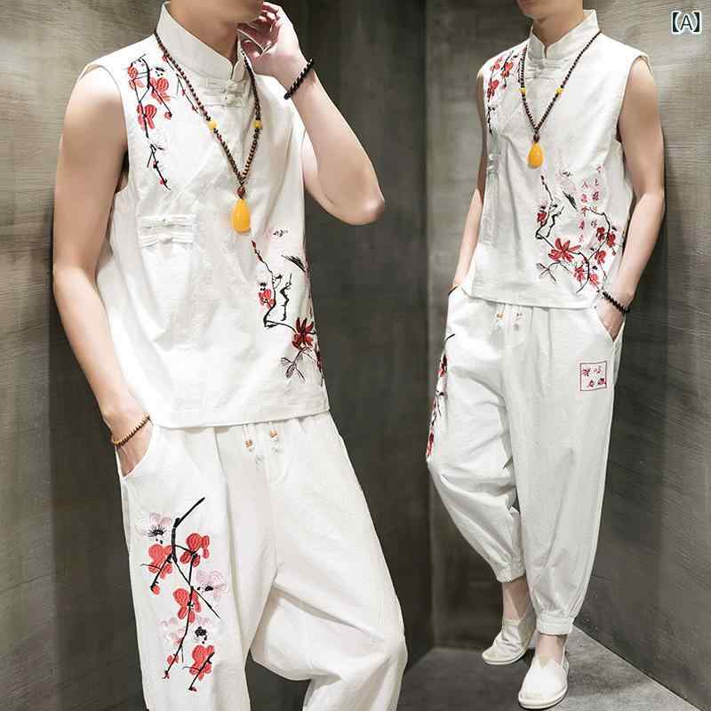 メンズ 夏 綿 リネン 中華風 ファッション エスニック 刺繍 ノースリーブ T シャツ スーツ 大きいサイズ 唐 スーツ 漢服 ツーピース セット
