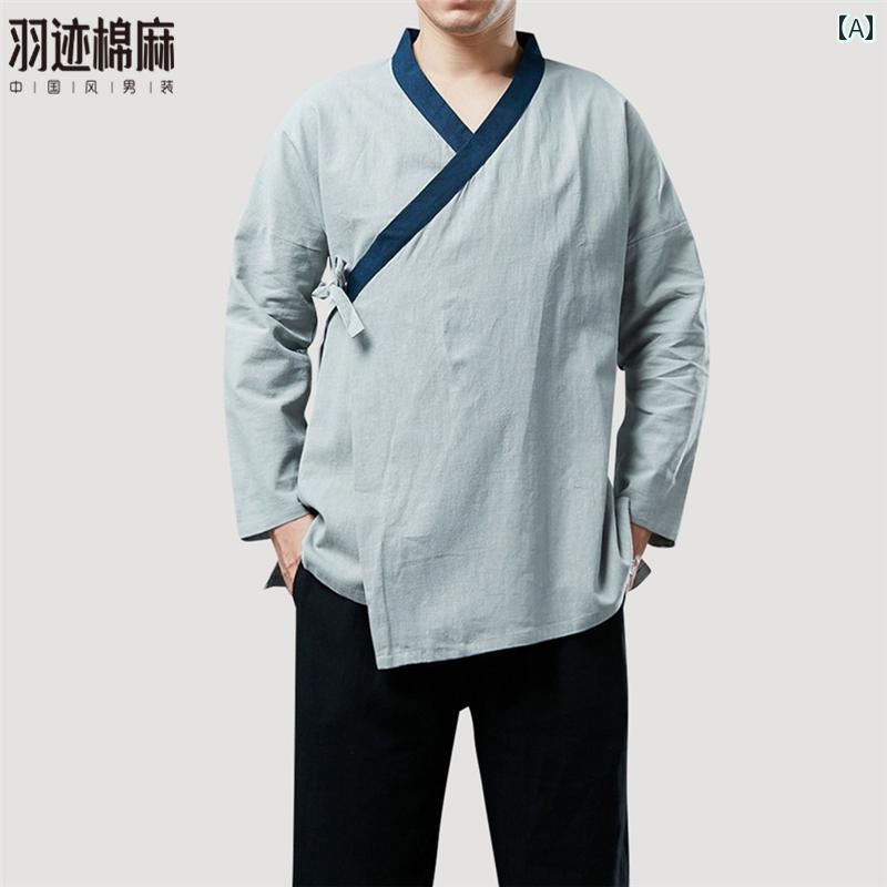 中華風 メンズ 春 リネンシャツ メンズ 無地 レトロ 斜め ブレスト 漢服 メンズ 中国 長袖 トップス