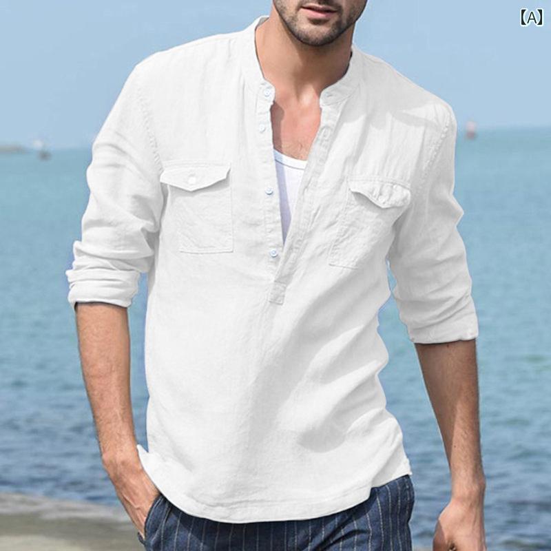 欧米 リゾート ビーチ ヘンリー カラー リネンシャツ メンズ ゆったり カジュアル 大きいサイズ 長袖 綿麻 ワークシャツ