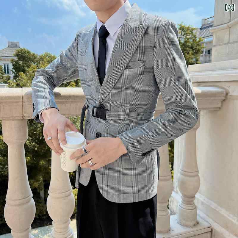 英国 軽量 成熟 高級感 チェック柄 スーツ メンズ 韓国 ベルト スリムフィット スーツ ハンティングジャケット