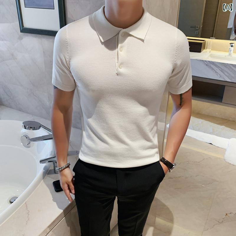 メンズ トップス 夏 冷感 半袖 T シャツ スリム フィット ポール スリム フィット ライト ビジネス ニット 冷感 通気性 ポロシャツ