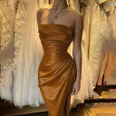 ワンピース レディース アメリカン エレガント プリーツ ドレス ソリッドカラー 魅惑的 胸に 包まれた 背中 開いた ドレス ロング ドレス