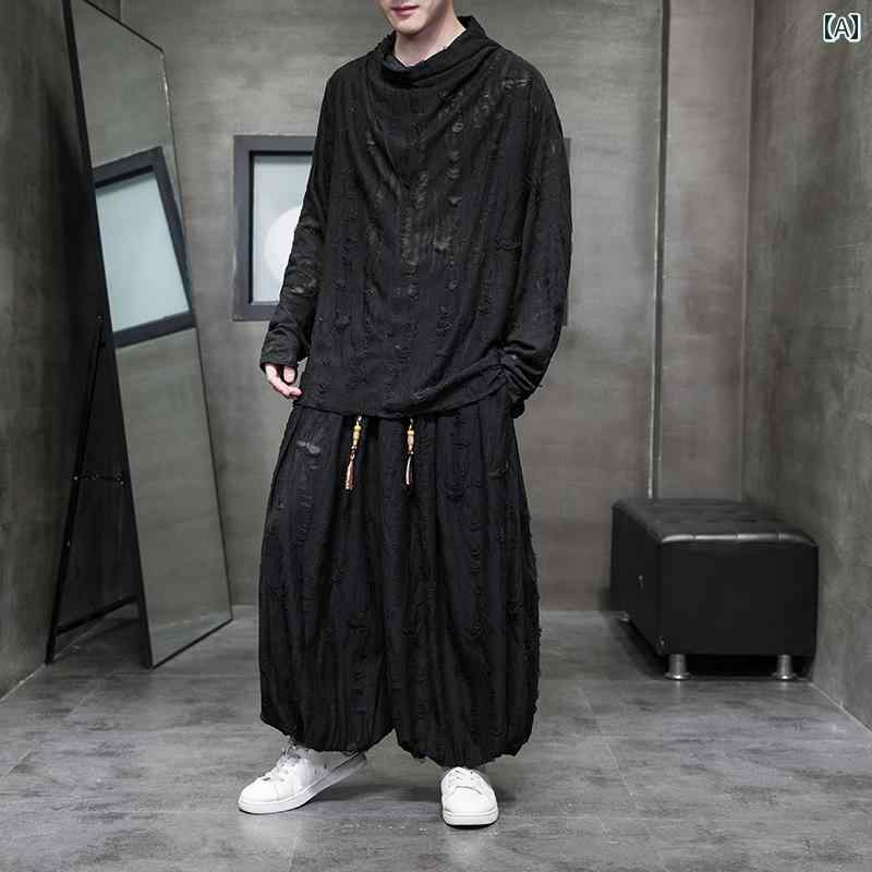 メンズ パンツ 中華風 長袖 T シャツ スーツ 中華風 リッピング 不規則 ゆったり 大きいサイズ ワイド レッグ パンツ