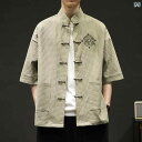 メンズ 中華風 紳士服 中国 ボタン ダウン 唐 スーツ ジャケット 刺繍 綿 リネン 半袖 シャツ 中国 チュニック スーツ