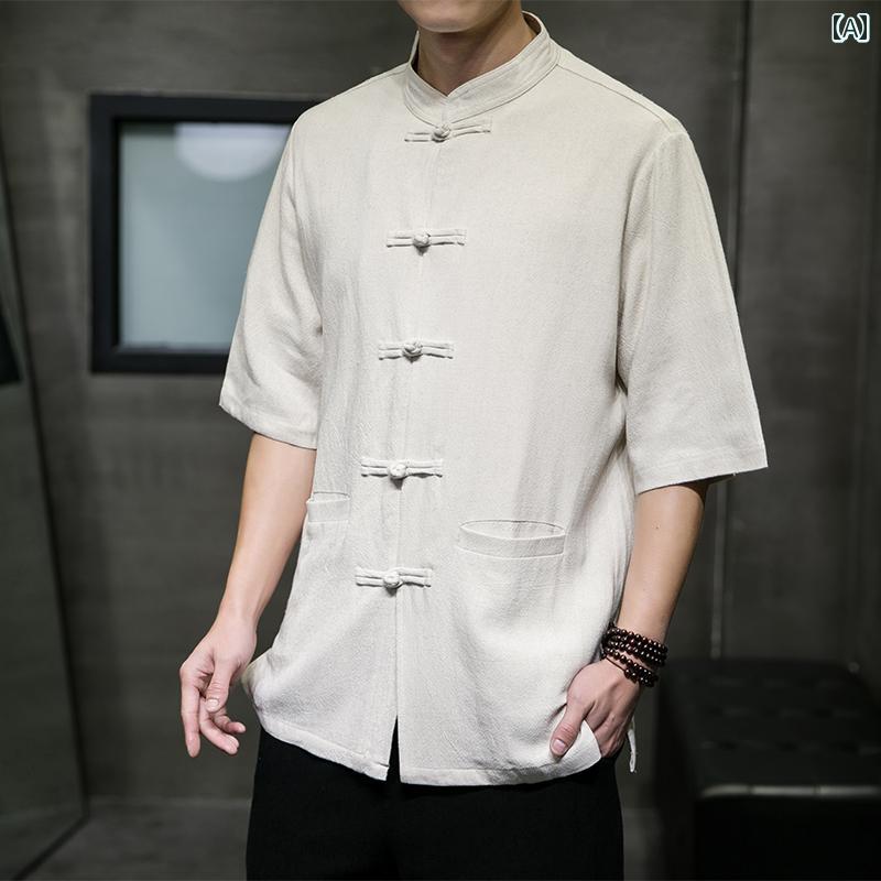 メンズ リネン 半袖 シャツ 夏 中華風 レトロ ディスク バックル 大きいサイズ 唐装 漢服 中国 シャツ