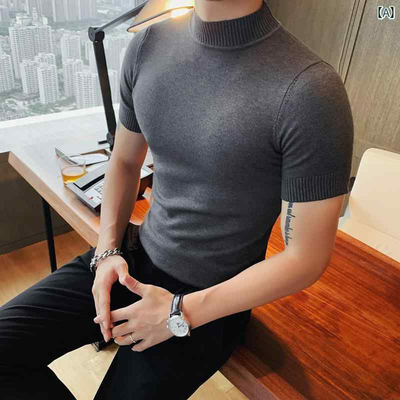 メンズ 半袖 セーター 韓国 スリム ハーフ タートルネック ウール セーター シャツ 春秋 半袖 セーター