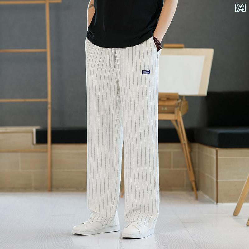 メンズ パンツ リネン パンツ 夏 カジュアル パンツ 中国 レトロ ストライプ ストレート パンツ 大きいサイズ コットンリネン パンツ