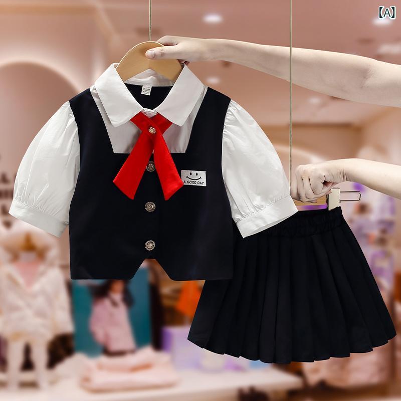 キッズ ウェア ガールズ スーツ 夏 jk 制服新 カレッジ 韓国 学生 服 プリーツスカート 夏 ツーピース セット