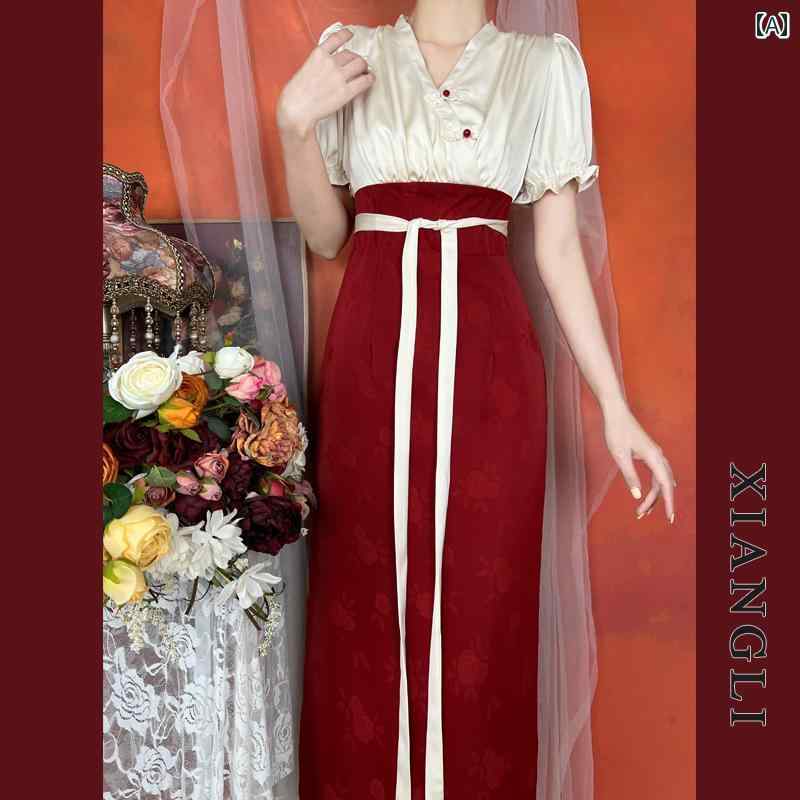民族衣装 レディース レトロ 中国 漢服 若々しい 夏 パッチワーク ウエスト 半袖 赤い ドレス 女性