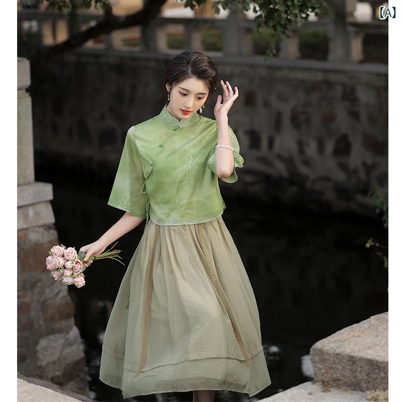 レディース チャイナ ドレス 上品 洗練 夏服 中国的 傾向 通常 中国 漢服 女性 パフォーマンス