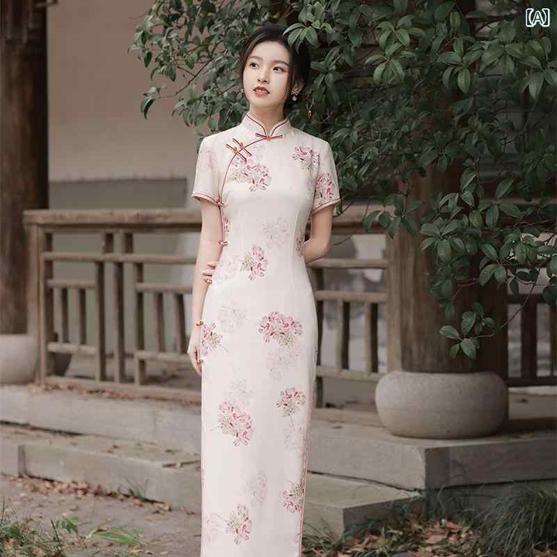 チャイナ ドレス レディース かわいい ワンピース ピンク 女性 中華風 サマー ドレス ハイエンド ヤング 半袖 ドレス エレガント ロング