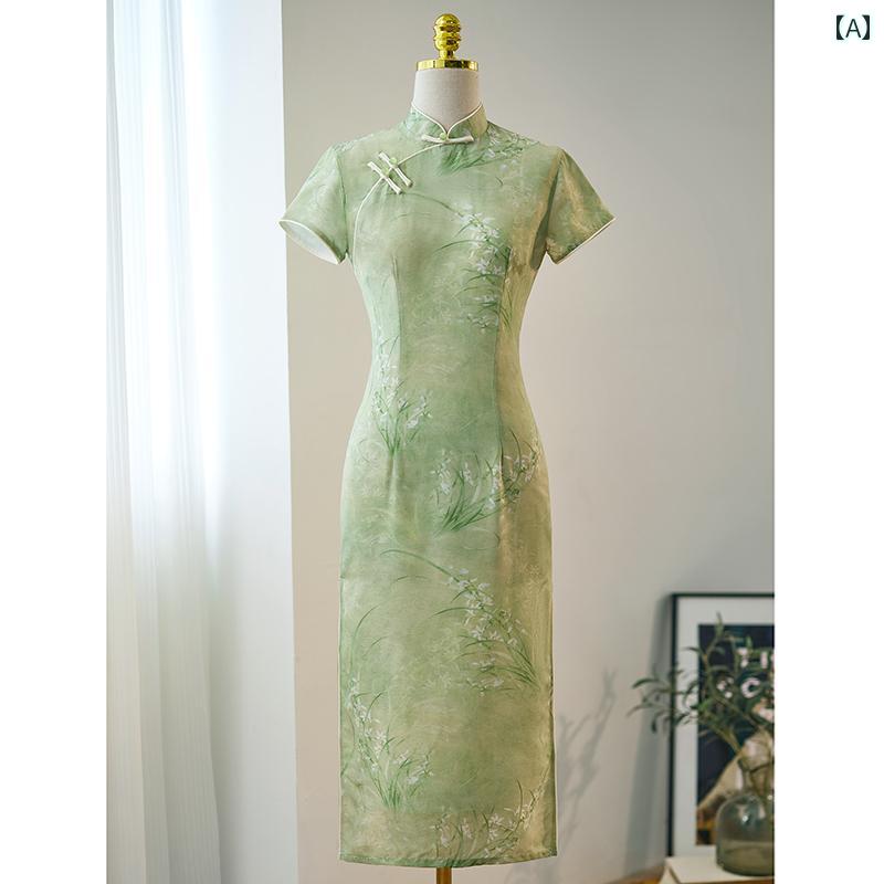 民族衣装 コスチューム レディース 美しい グリーン チャイナ ドレス 夏 上品 洗練 ガールズ ハイエンド ドレス 中華風 リネン