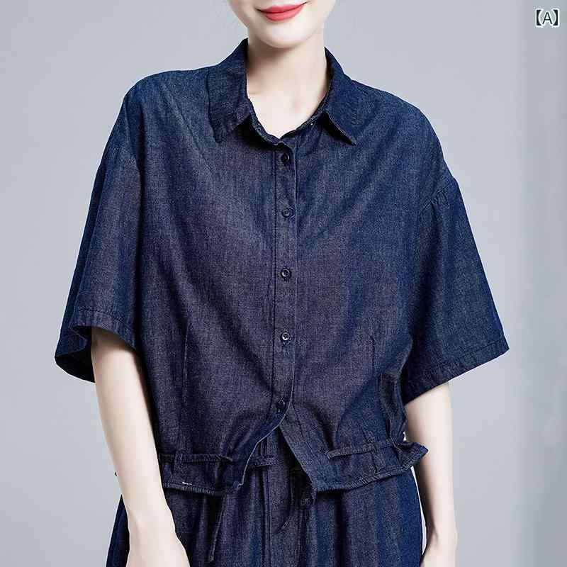 レディース シャツ 韓国 レトロ シャツ 女性 春夏 カジュアル 半袖 トップス スリム 巾着 コットンシャツ