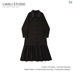 レディース ワンピース かわいい アート 秋 レトロ 黒 ドレス ロング シャツ スカート