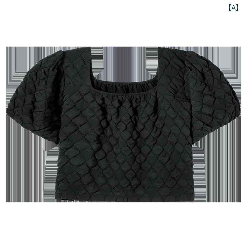 レディース トップス カジュアル ブラック パフスリーブ スクエアネック シャツ 女性 夏 スリム 半袖 シャツ