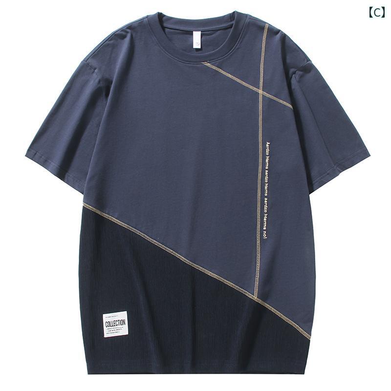 T シャツ メンズ 夏 アメリカン カラー ブロック 半袖 シャツ ゆったり 大きいサイズ スポーツ ストライプ コットン シャツ 3