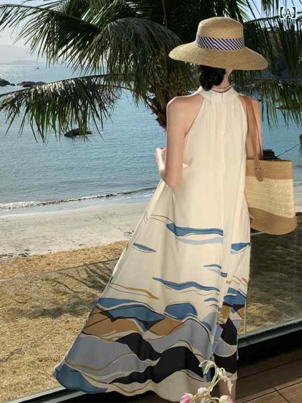 リゾート ワンピース レディース トラベル 旅行 写真撮影 衣装 プリント ホルター ドレス 女性 夏 スリム 海辺 休暇 ロング ドレス
