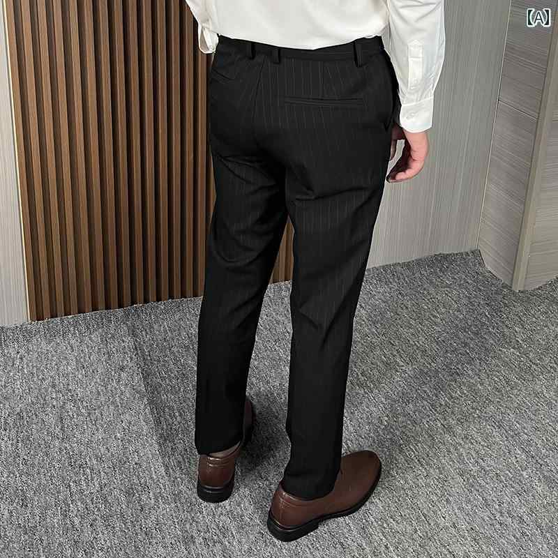 スラックス メンズ スリムフィット 韓国 黒 裾細 スーツ パンツ ビジネス ハイエンド 伸縮性 ウエスト 垂直 抗 シワ フォーマル ストライプパンツ
