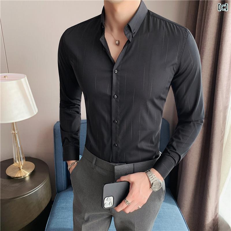 メンズ 春秋 不規則 ストライプシャツ 韓国 ビジネス カジュアル シャツ スリム ファッション 紳士服 3