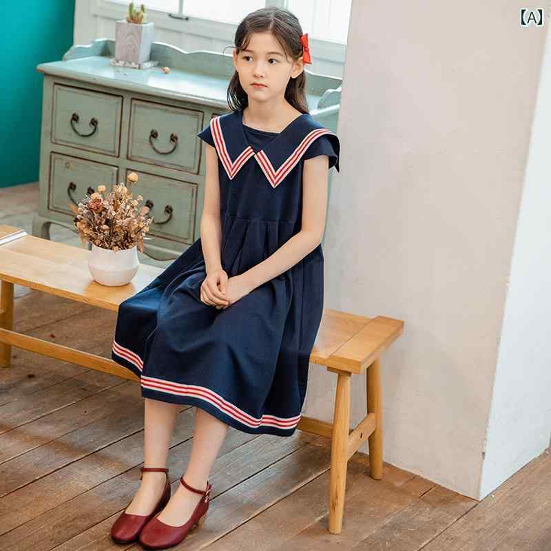ワンピース かわいい 女の子 ガールズ ドレス 夏 ファッション カレッジ 大きい 子供 韓国 ネイビー スカート 薄手