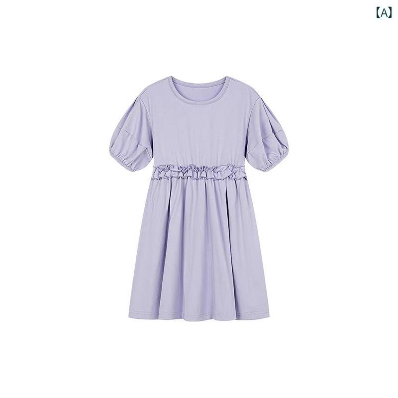 ワンピース かわいい 女の子 ガールズ ドレス 夏 韓国 小中学生 子供 紫 パフスリーブ 半袖 プリンセス ドレス