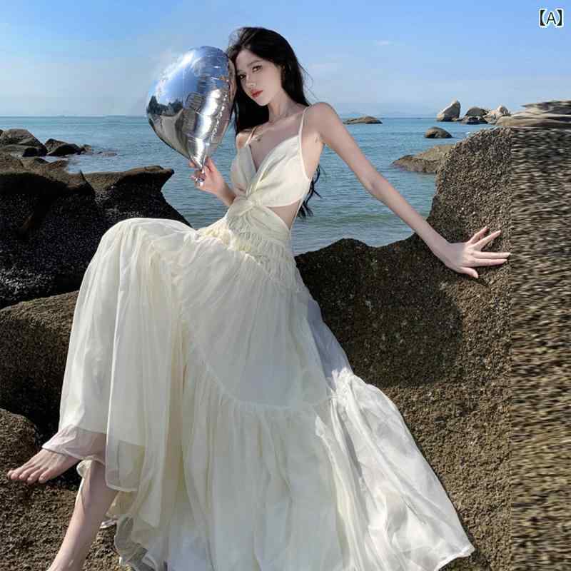 リゾート ワンピース レディース 海辺 旅行 写真撮影 背中 開いた シフォン フェアリー ドレス ハイエンド フランス 大きい スカート サスペンダー ドレス