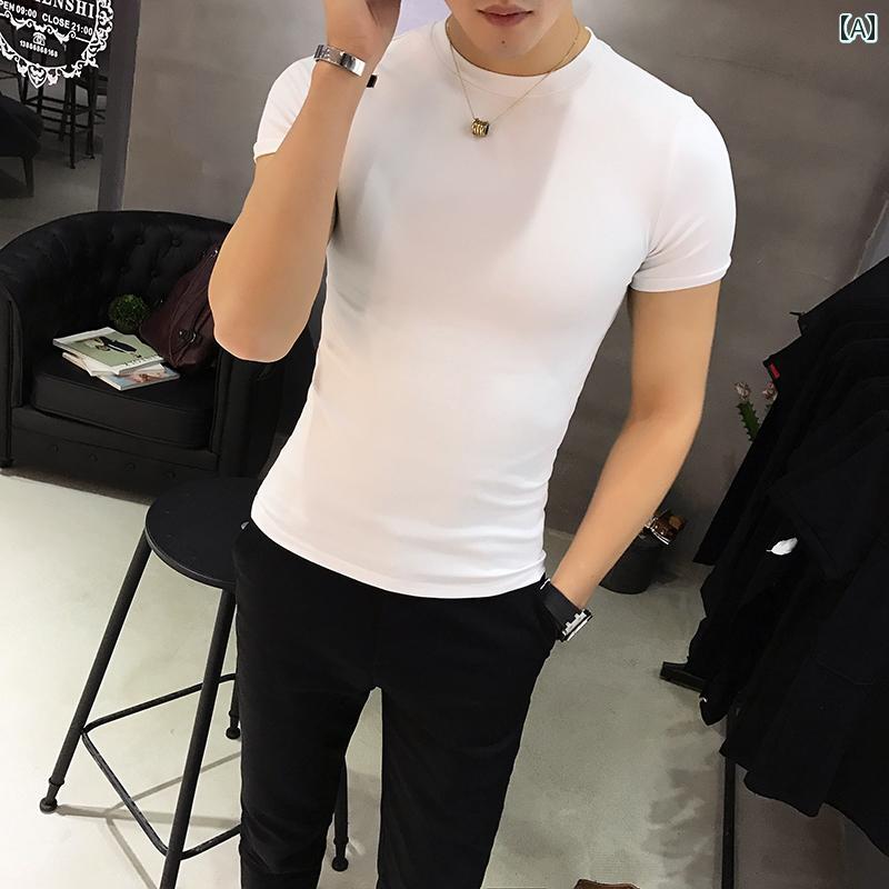 メンズ トップス 半袖 T シャツ ラウンドネック 韓国 スリム 半袖 タイト ボディシャツ 白黒 シャツ 夏 綿
