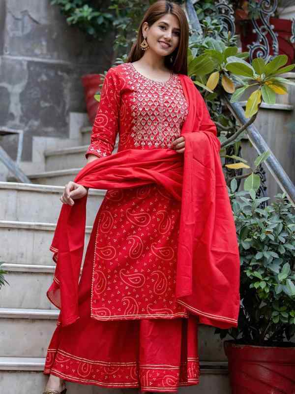 インド 伝統的 サイド カバー 3 点 セット 綿 刺繍 プリント スーツ ミドル丈 ラウンドネック 薄 赤 1