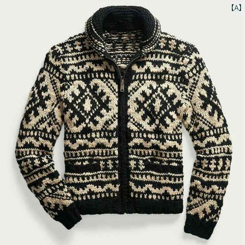 メンズ ウール ジャケット アメリカ 秋冬 ジャカード ニット ジャケット 長袖 ジャケット セーター