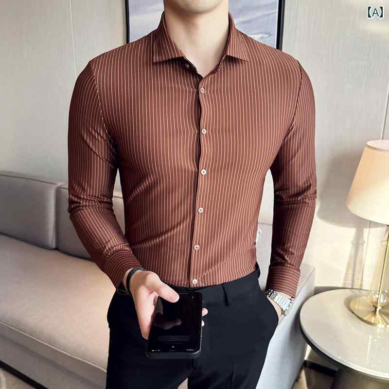 メンズ ストライプシャツ 長袖 伸縮性 シームレス ウィンザー カラー スーツ シャツ 高級感 ビジネス ワン ライン カラー スーツ
