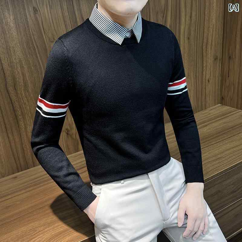 メンズ トップス 秋冬 ホリデー ツーピース セーター シャツ 襟 韓国 レイヤリング セーター ハイエンド ストライプ インナーウェア