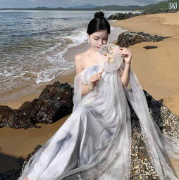 リゾート ドレス 中華風 ワンショルダー ドレッシング ガウン 水墨画 花嫁 結婚式 写真 ドレス フェアリー メッシュ チューブ トップ ドレス スカート